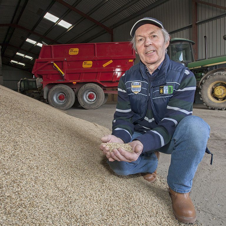 Farmer kneeling next to a pile of malt